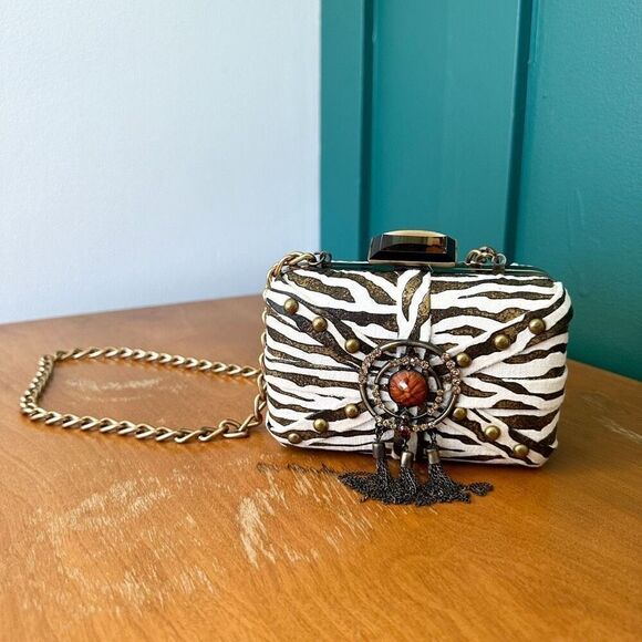 Mary Frances Aria Bronze Zebra Printed Tassel Versatile Shoulder Clutch Bag - Picture 1 of 14